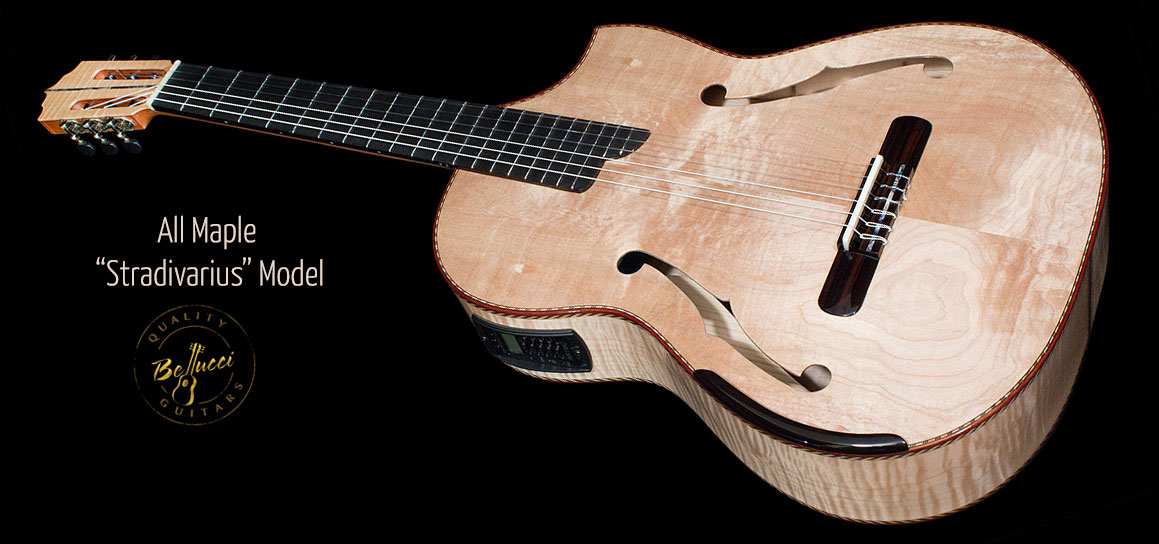 Mangore  Bellucci Guitars - Quilted Maple back, sides and top, Stradivarius  Model Concert Classical Guitar