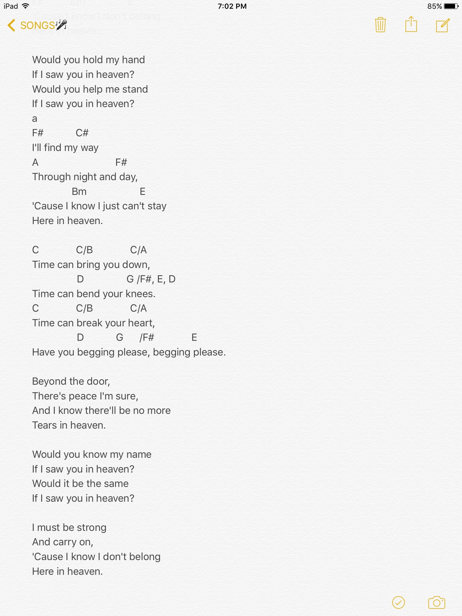 Song Lyrics with guitar chords for Tears In Heaven - Eric Clapton